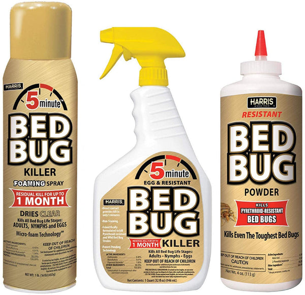 Harris 5 Minute Bed Bug Killer Value Bundle Kit - 32oz Liquid Spray, 16oz Foaming Aerosol, 8oz Bed Bug Powder